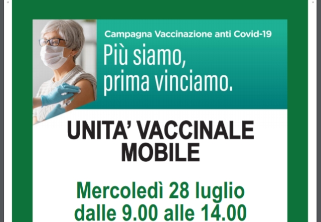 Coronavirus - Unità Vaccinale Mobile 28 luglio: modifica orario