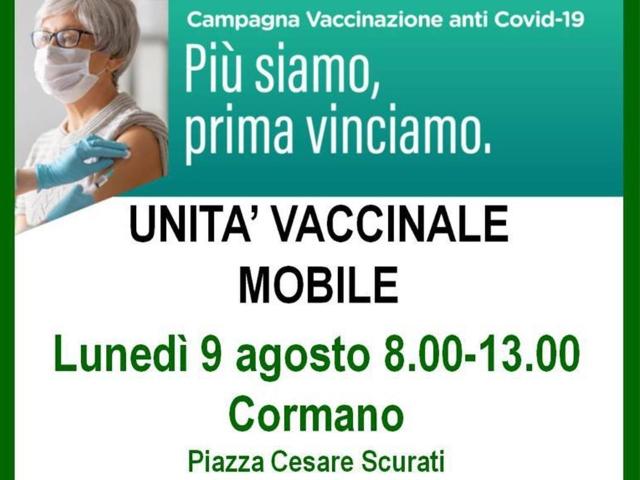Coronavirus - Lunedì 9 agosto nuovo appuntamento con l’ unità vaccinale mobile per i cittadini di Cormano